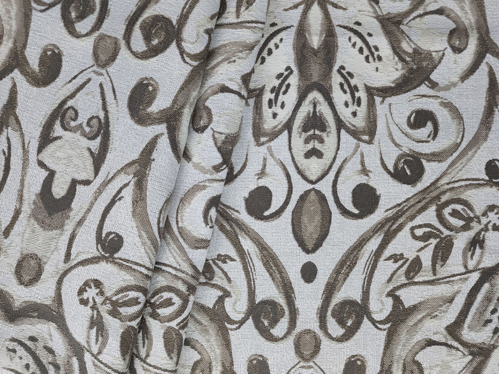 Black Drapery Upholstery Fabric Large Damask Print on Blended Linen Taupe 