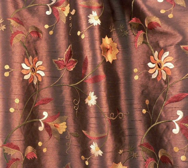 Antique Gold Drapery Upholstery Fabric Embroidered Faux Silk Shantung Floral 