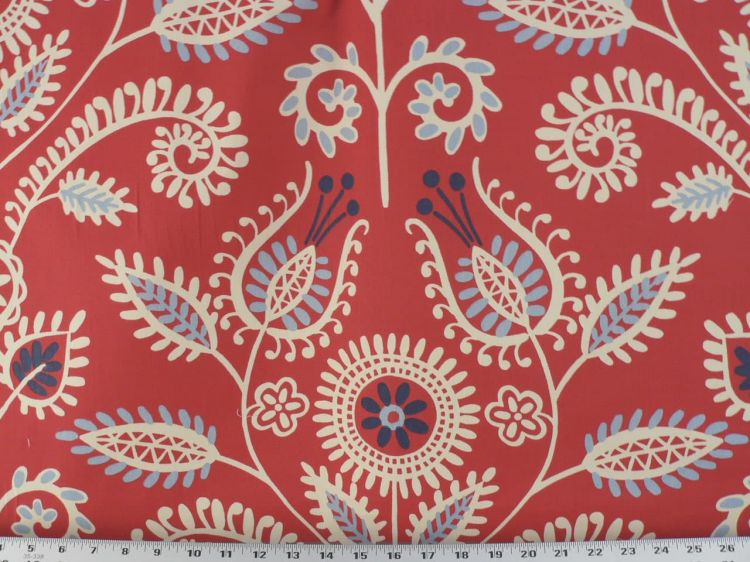 Ivory Drapery Upholstery Fabric Leaves & Flowers Sky Blue on Red Navy 