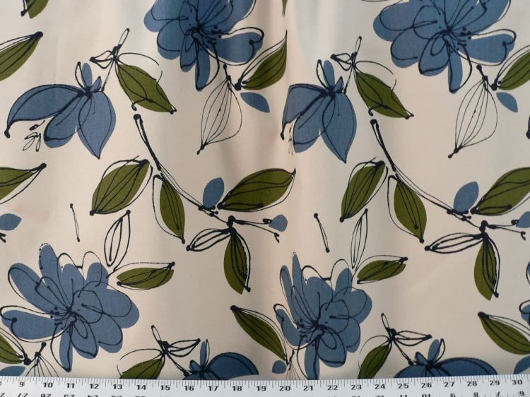 Ivory Navy Sky Blue on Red Drapery Upholstery Fabric Leaves & Flowers 